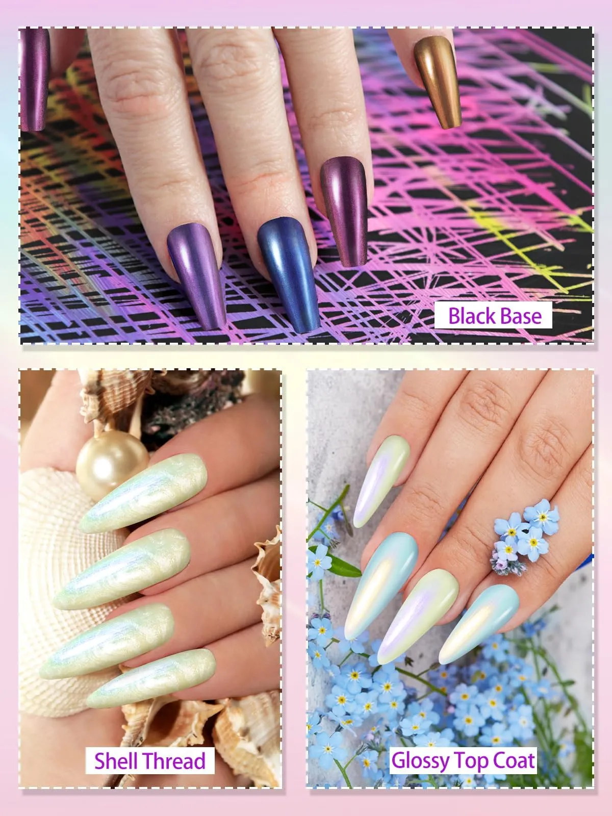 EBANKU 6 Colors Pearl Gel Nail Polish Set 2 In 1 Glitter Gel Top Coat Pink Purple Blue Gold Shimmer Mermaid Effect, Gel Polish Soak Off UV Gel Included White Black Color Gel & Glossy Matte Top Coat