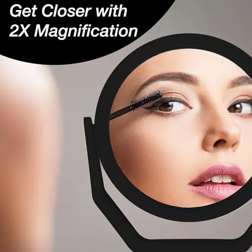 Expressions Premium Soft Touch Rotating Mirror with 1x/2x Magnification - Round Black Vanity Mirror, Handheld or Tabletop Mirror, Magnification Makeup Mirror, Small Desk Mirror or Travel Mirror