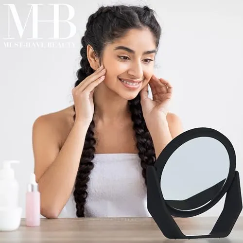 Expressions Premium Soft Touch Rotating Mirror with 1x/2x Magnification - Round Black Vanity Mirror, Handheld or Tabletop Mirror, Magnification Makeup Mirror, Small Desk Mirror or Travel Mirror
