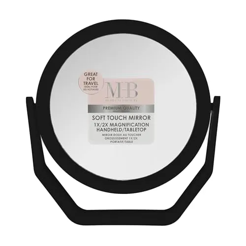 Expressions Premium Soft Touch Rotating Mirror with 1x/2x Magnification - Round Black Vanity Mirror, Handheld or Tabletop Mirror, Magnification Makeup Mirror, Small Desk Mirror or Travel Mirror