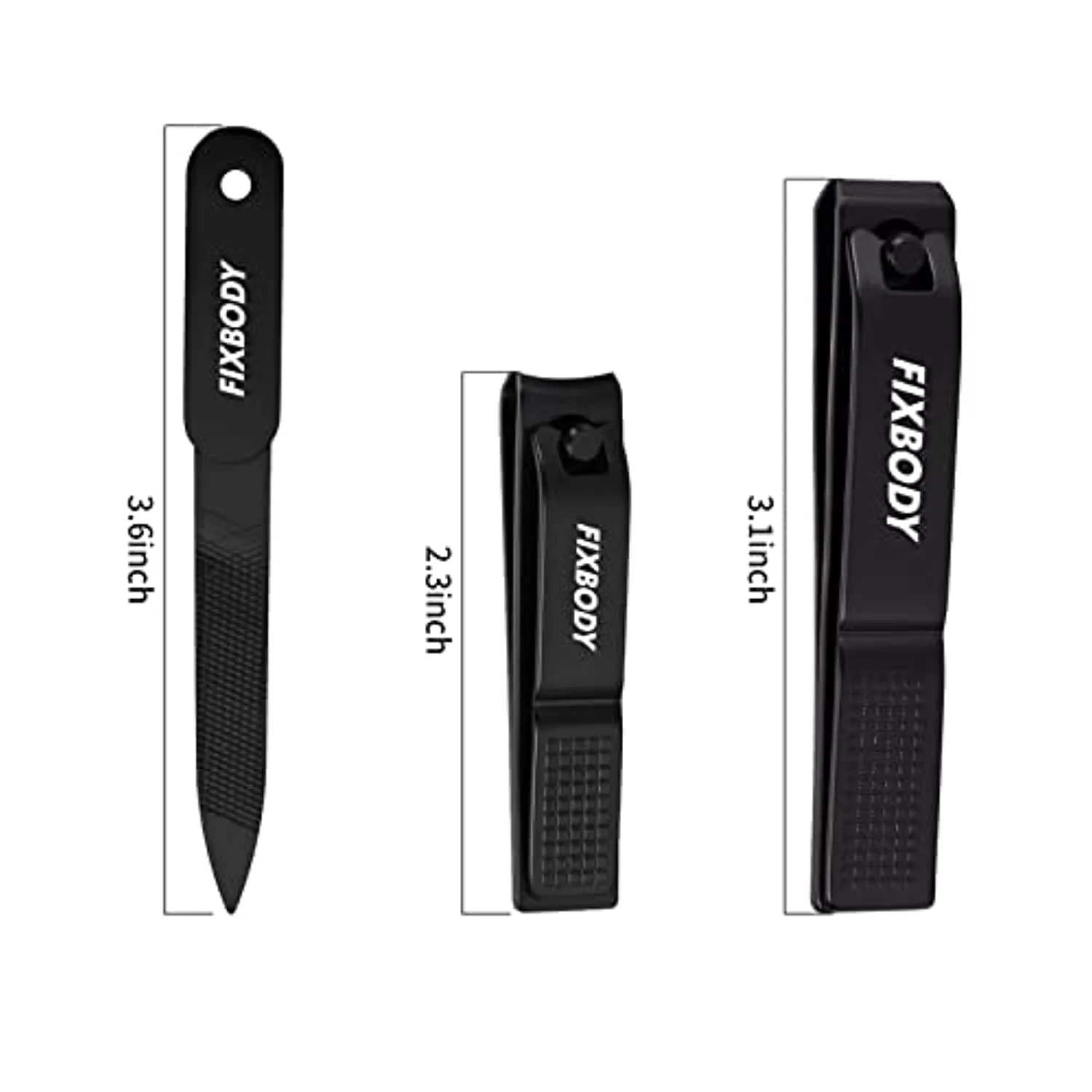 FIXBODY Nail Clipper Set – Black Stainless Steel Fingernails & Toenails Clippers & Nail File Sharp Nail Cutter with Leather Case, Set of 3 (Straight & Curved)