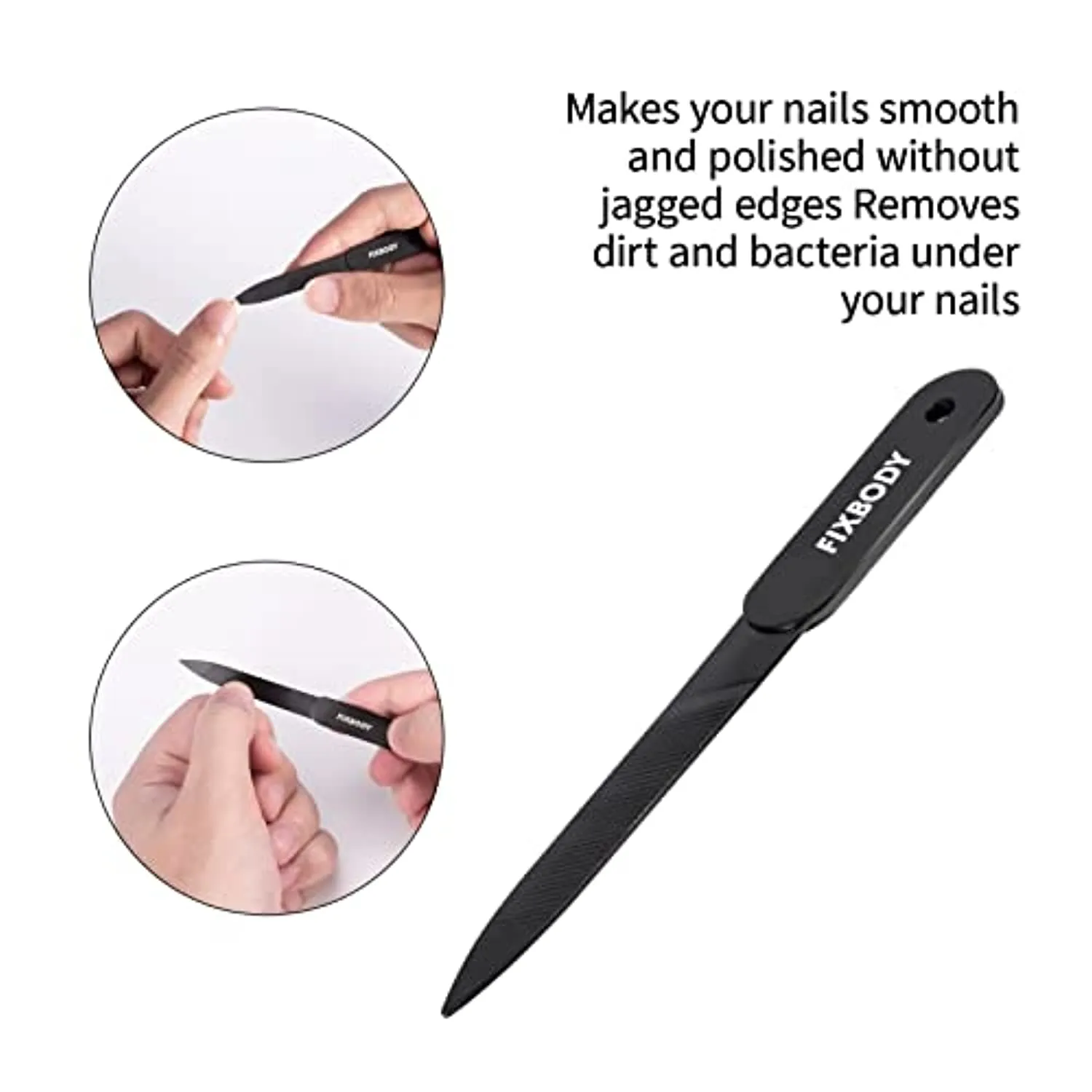 FIXBODY Nail Clipper Set – Black Stainless Steel Fingernails & Toenails Clippers & Nail File Sharp Nail Cutter with Leather Case, Set of 3 (Straight & Curved)