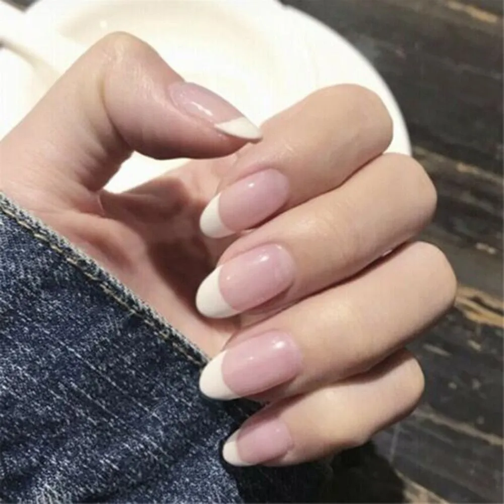 Flytonn 24Pcs Naked Pink French White Side False Nails Short Simple Nail Art Beauty Press On Fake Nails Full Cover Artificial Nails Tips