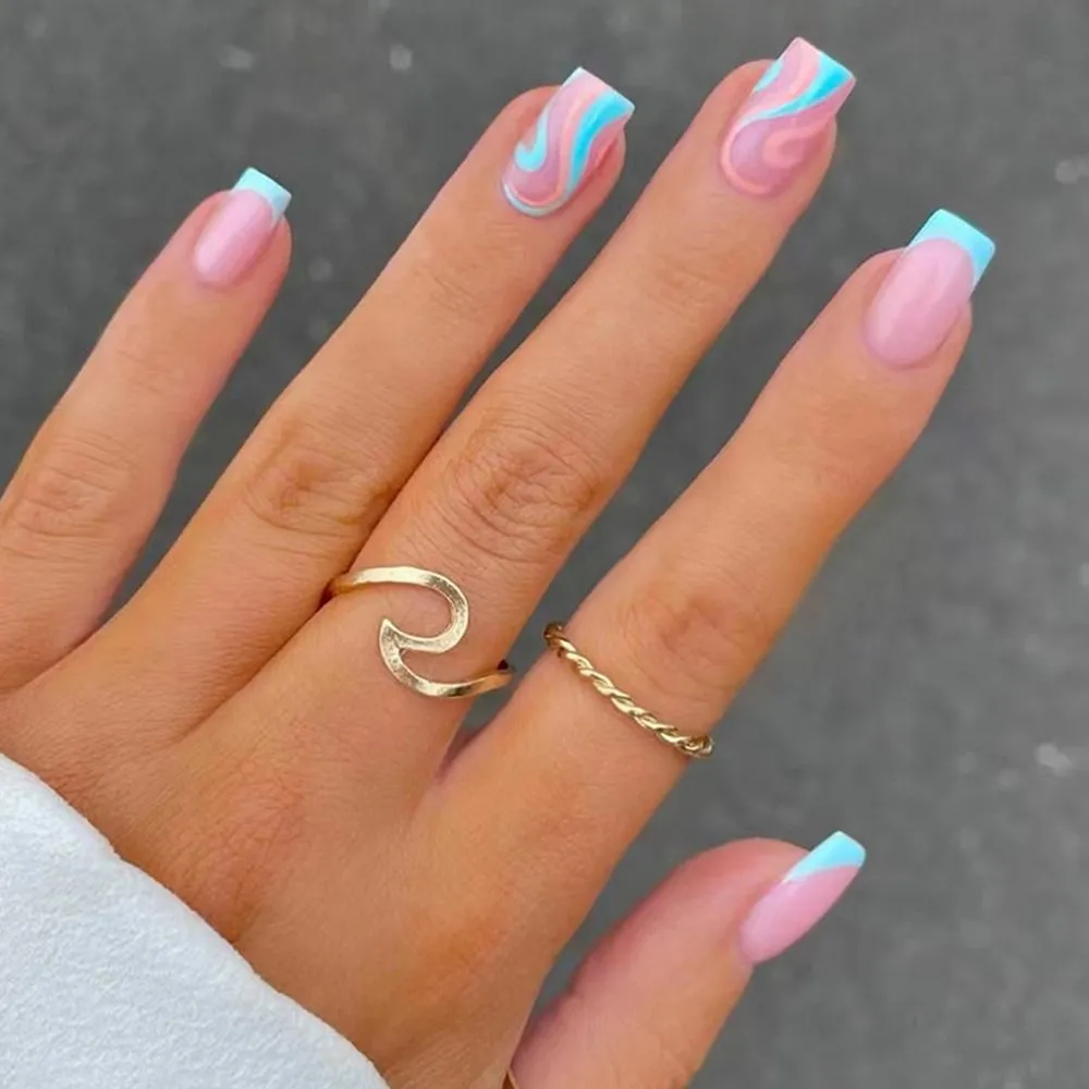 Flytonn 24Pcs Naked Pink French White Side False Nails Short Simple Nail Art Beauty Press On Fake Nails Full Cover Artificial Nails Tips