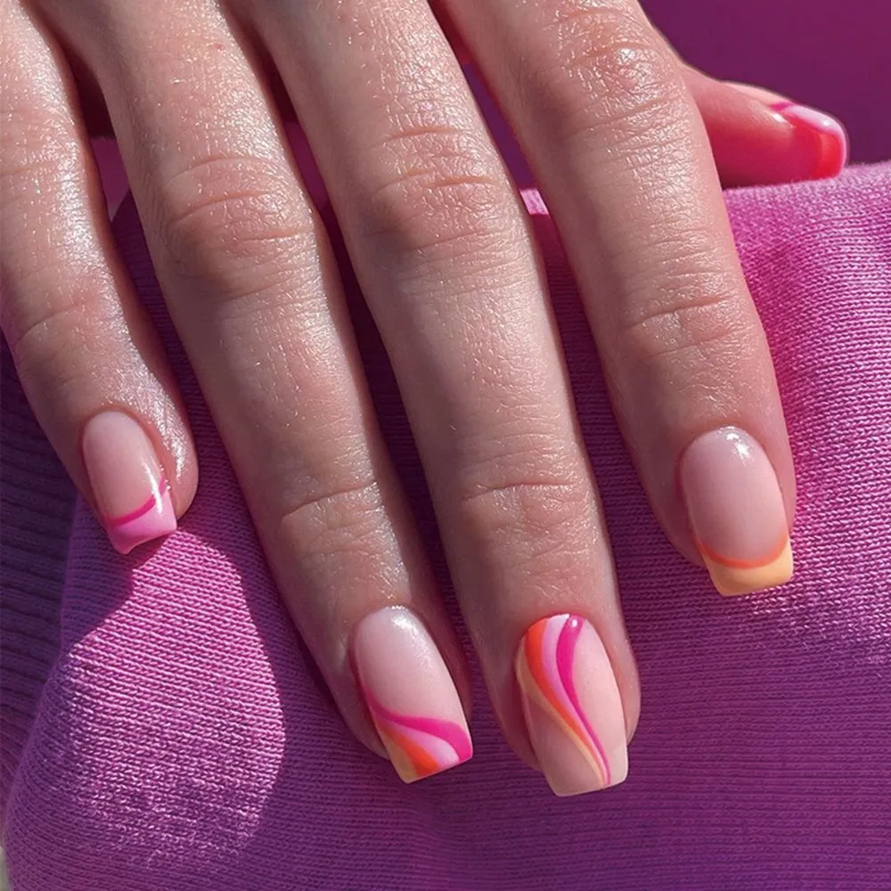 Flytonn 24Pcs Naked Pink French White Side False Nails Short Simple Nail Art Beauty Press On Fake Nails Full Cover Artificial Nails Tips