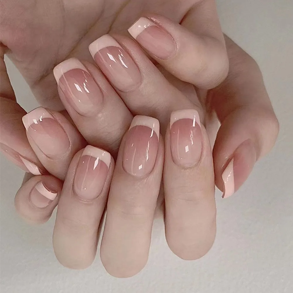 Flytonn 24Pcs Naked Pink French White Side False Nails Short Simple Nail Art Beauty Press On Fake Nails Full Cover Artificial Nails Tips