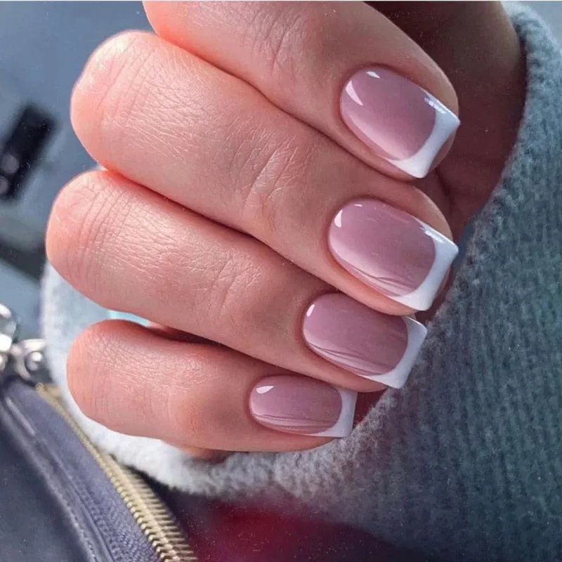 Flytonn 24Pcs Naked Pink French White Side False Nails Short Simple Nail Art Beauty Press On Fake Nails Full Cover Artificial Nails Tips
