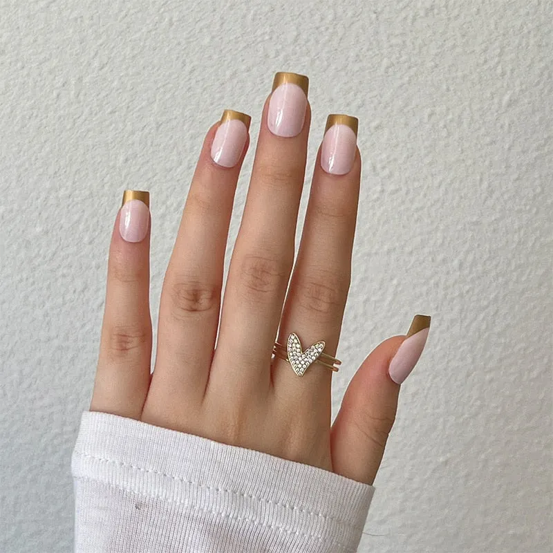 Flytonn 24Pcs Naked Pink French White Side False Nails Short Simple Nail Art Beauty Press On Fake Nails Full Cover Artificial Nails Tips