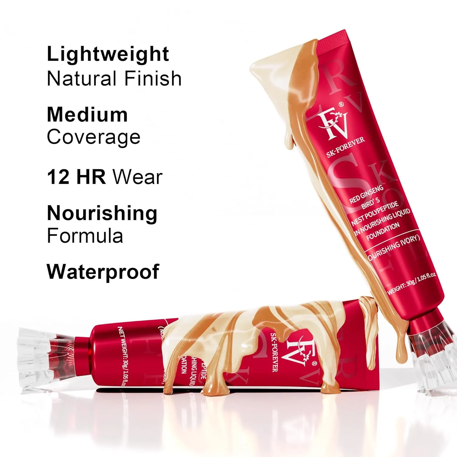 FV Waterproof Liquid Foundation, Dewy Finish Long Lasting Lightweight Medium Coverage Face Makeup for Normal & Dry Skin, Cruelty Free, Porcelain, 30ml