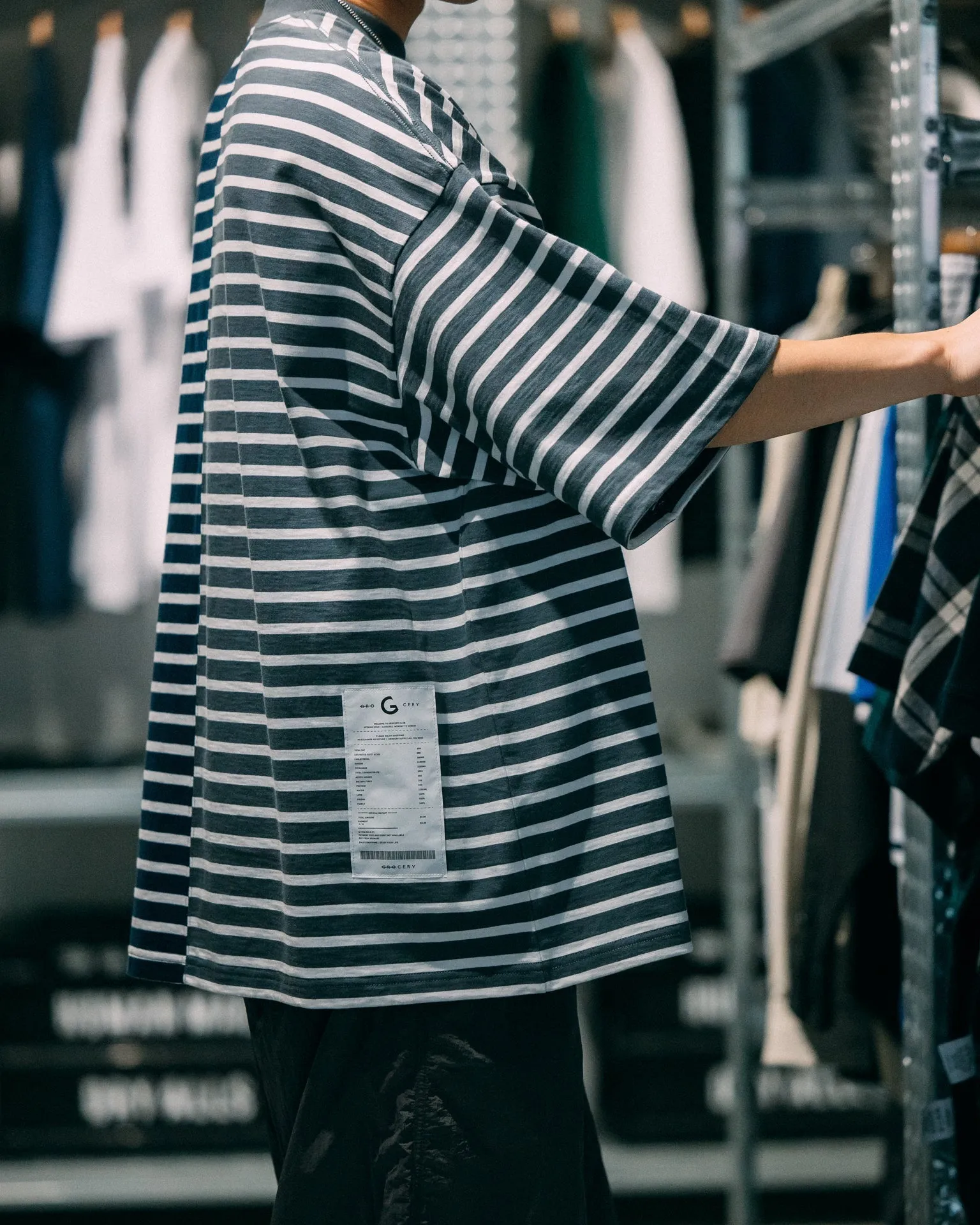 GROCERY TEE-067 JUMBO PATCHWORK STRIPE INVOICE TEE