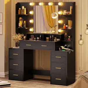 High (Modern Black)Light  Makeup Vanity Table Set Glass Top Makeup Vanity Table with 10X Magnifying Mirror