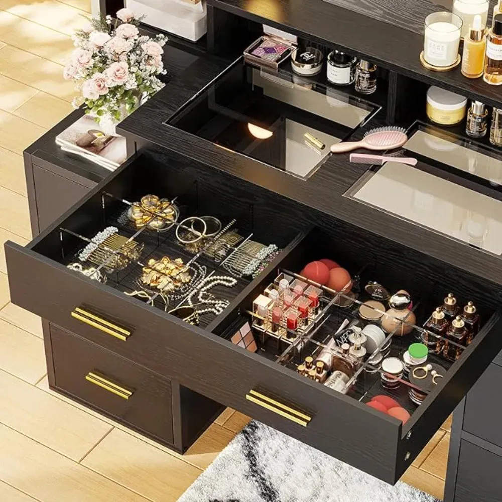 High (Modern Black)Light  Makeup Vanity Table Set Glass Top Makeup Vanity Table with 10X Magnifying Mirror