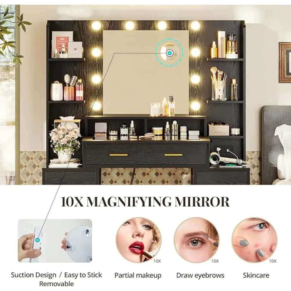 High (Modern Black)Light  Makeup Vanity Table Set Glass Top Makeup Vanity Table with 10X Magnifying Mirror