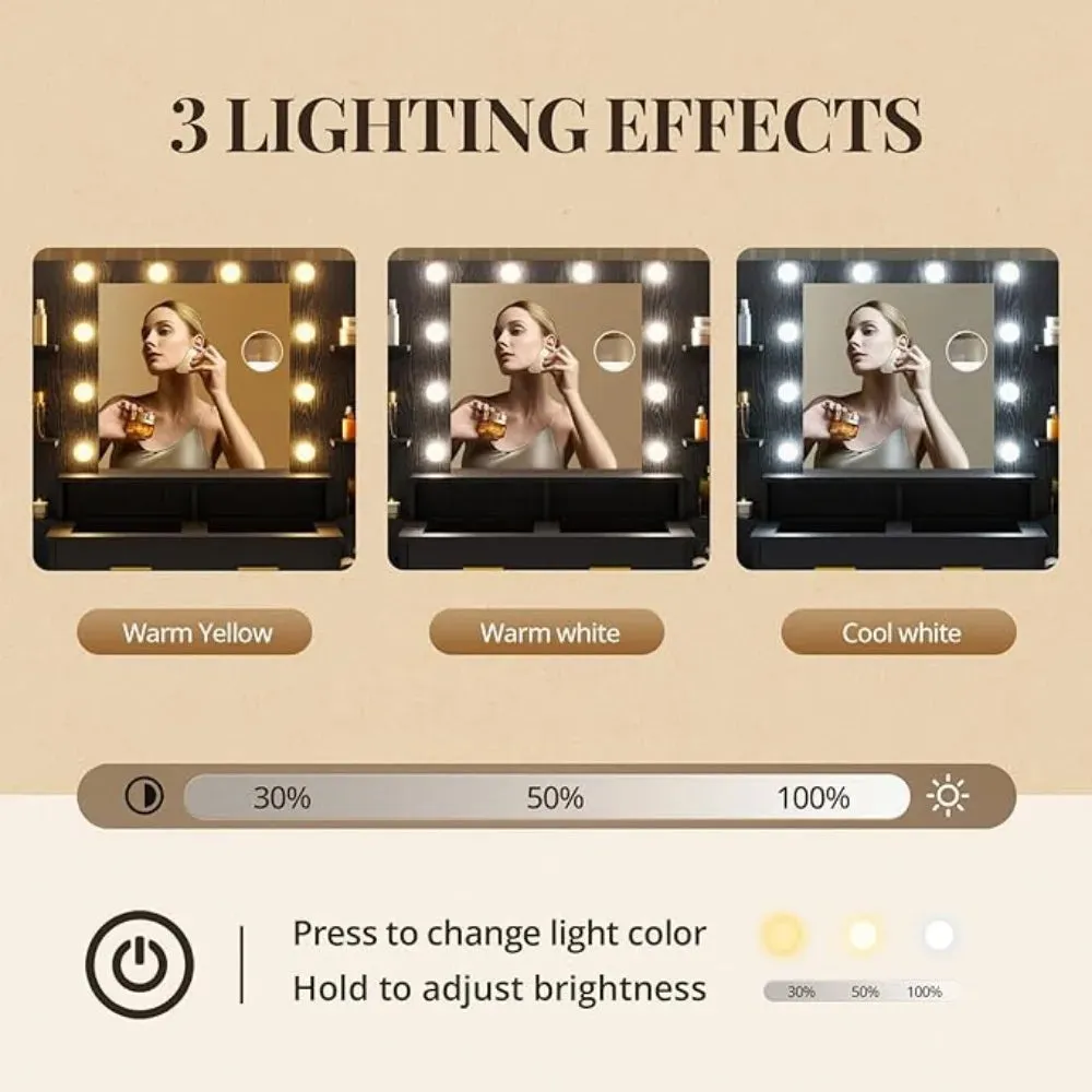High (Modern Black)Light  Makeup Vanity Table Set Glass Top Makeup Vanity Table with 10X Magnifying Mirror
