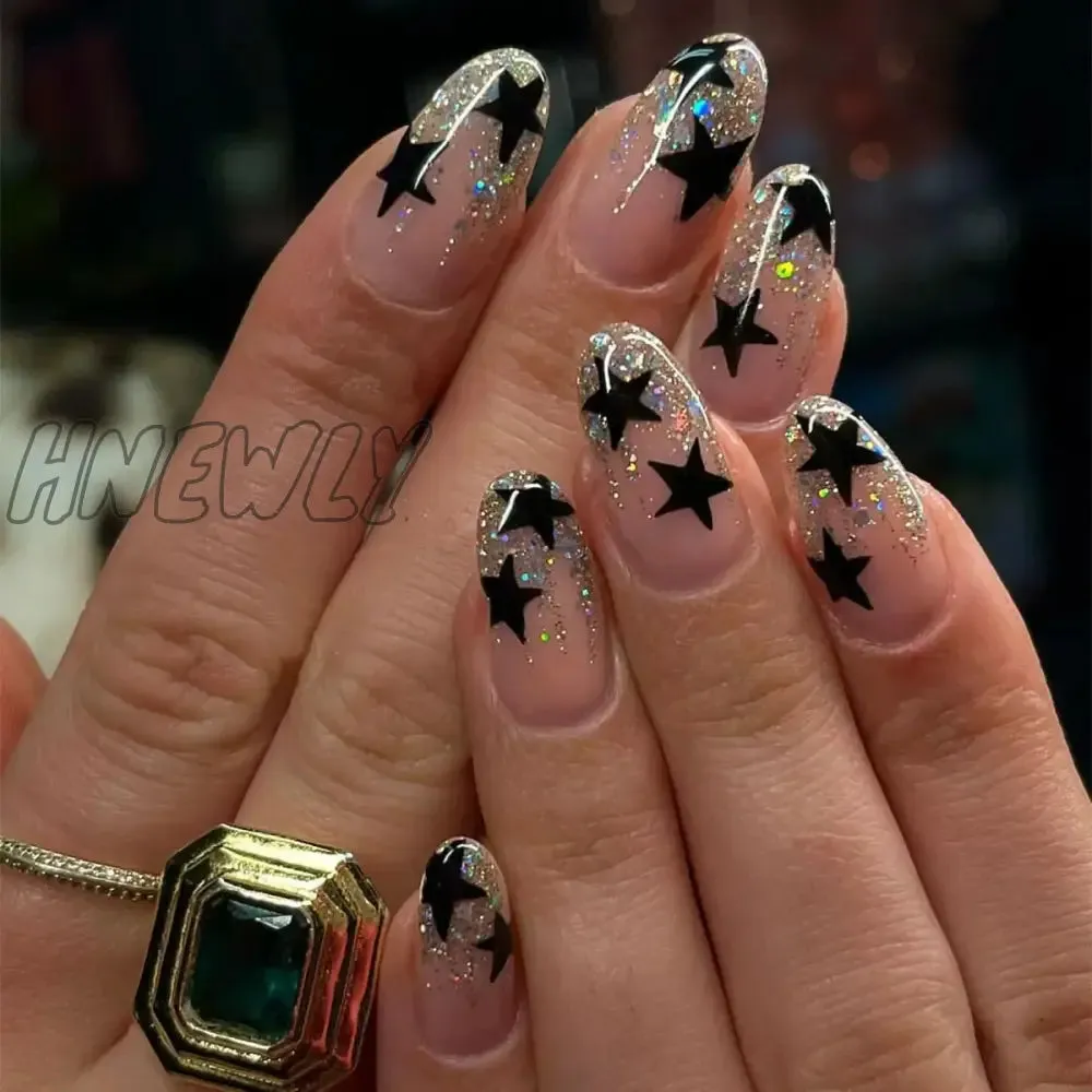 Hnewly 24pcs Glitter Sequins False Nail French White Almond Fake Nails Full Cover Wearable Gradient Nude Color Press on Nail Tips