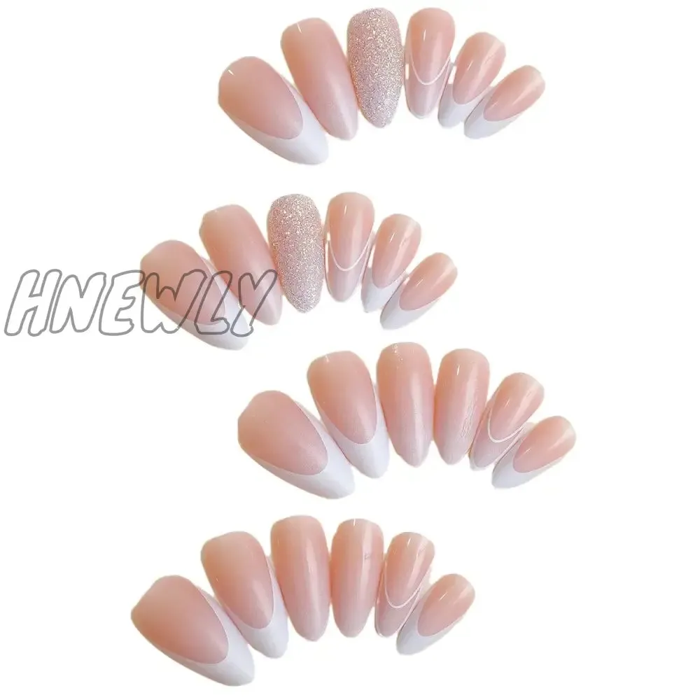 Hnewly 24pcs Glitter Sequins False Nail French White Almond Fake Nails Full Cover Wearable Gradient Nude Color Press on Nail Tips