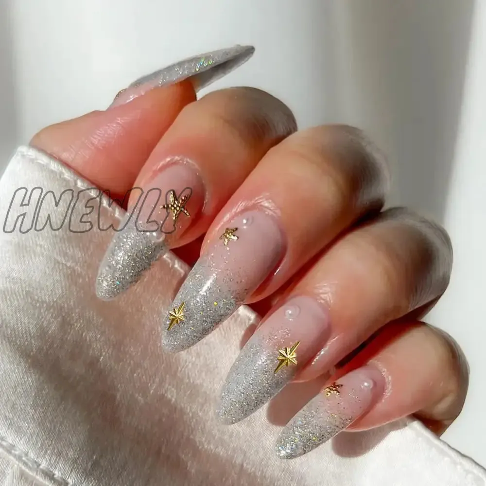 Hnewly 24pcs Glitter Sequins False Nail French White Almond Fake Nails Full Cover Wearable Gradient Nude Color Press on Nail Tips