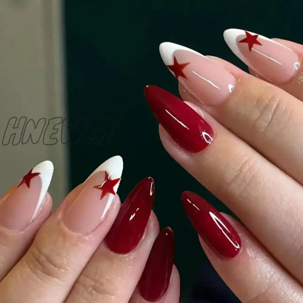 Hnewly 24pcs Glitter Sequins False Nail French White Almond Fake Nails Full Cover Wearable Gradient Nude Color Press on Nail Tips