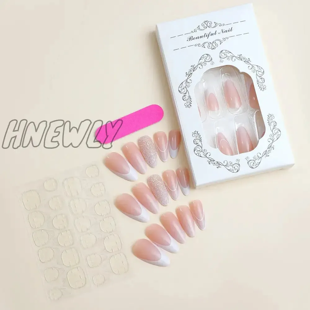 Hnewly 24pcs Glitter Sequins False Nail French White Almond Fake Nails Full Cover Wearable Gradient Nude Color Press on Nail Tips