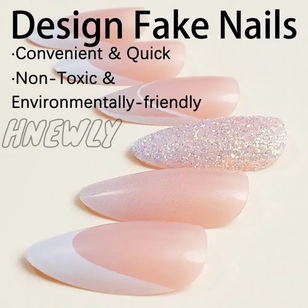 Hnewly 24pcs Glitter Sequins False Nail French White Almond Fake Nails Full Cover Wearable Gradient Nude Color Press on Nail Tips
