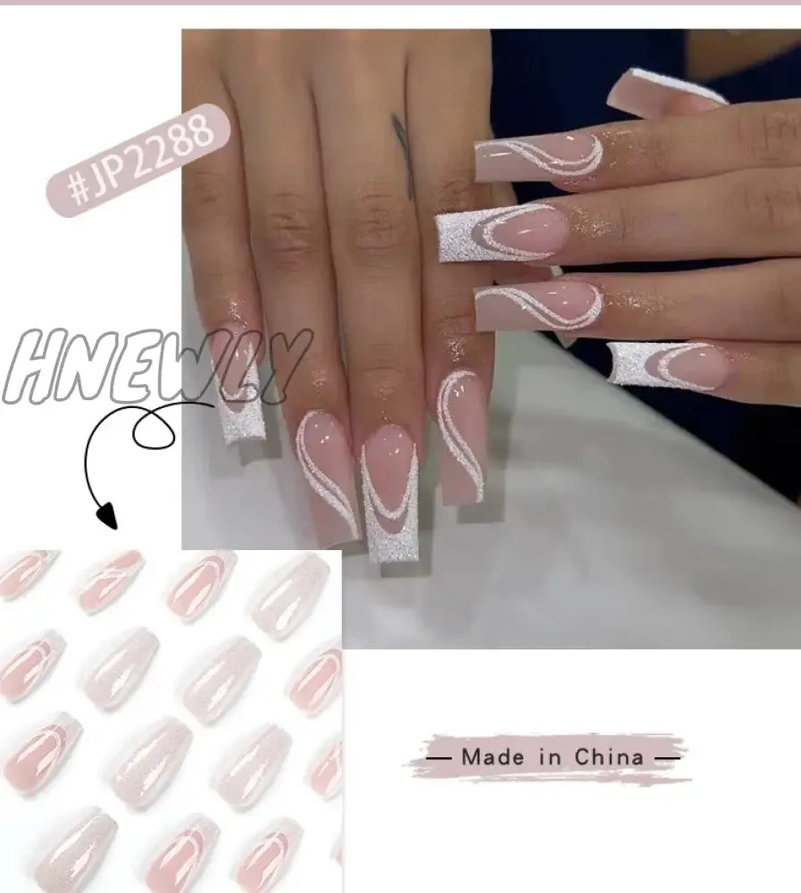 Hnewly 24pcs Long Ballet False Nail Full Cover Fake Nail Grey White Marble Design Nails Tip French Coffin Nails Press On Nails