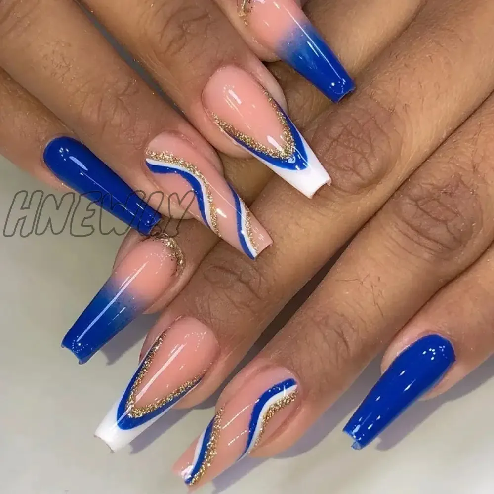 Hnewly 24pcs Long Ballet False Nail Full Cover Fake Nail Grey White Marble Design Nails Tip French Coffin Nails Press On Nails