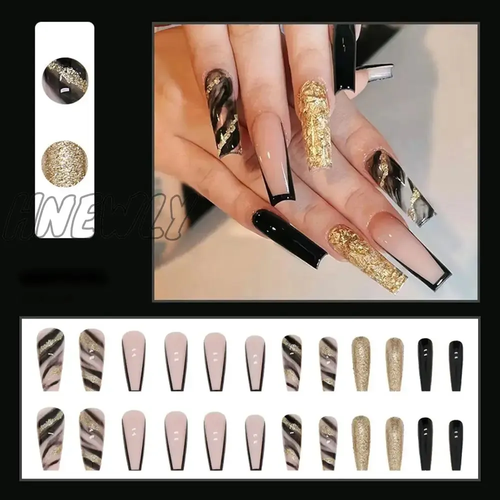 Hnewly 24pcs Long Ballet False Nail Full Cover Fake Nail Grey White Marble Design Nails Tip French Coffin Nails Press On Nails