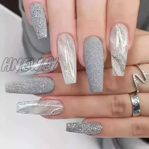 Hnewly 24pcs Long Ballet False Nail Full Cover Fake Nail Grey White Marble Design Nails Tip French Coffin Nails Press On Nails