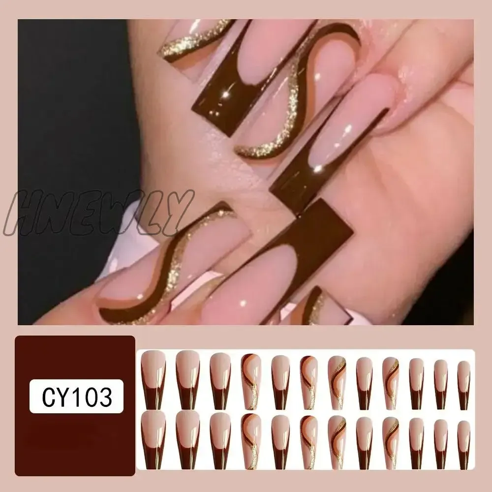 Hnewly 24pcs Long Ballet False Nail Full Cover Fake Nail Grey White Marble Design Nails Tip French Coffin Nails Press On Nails