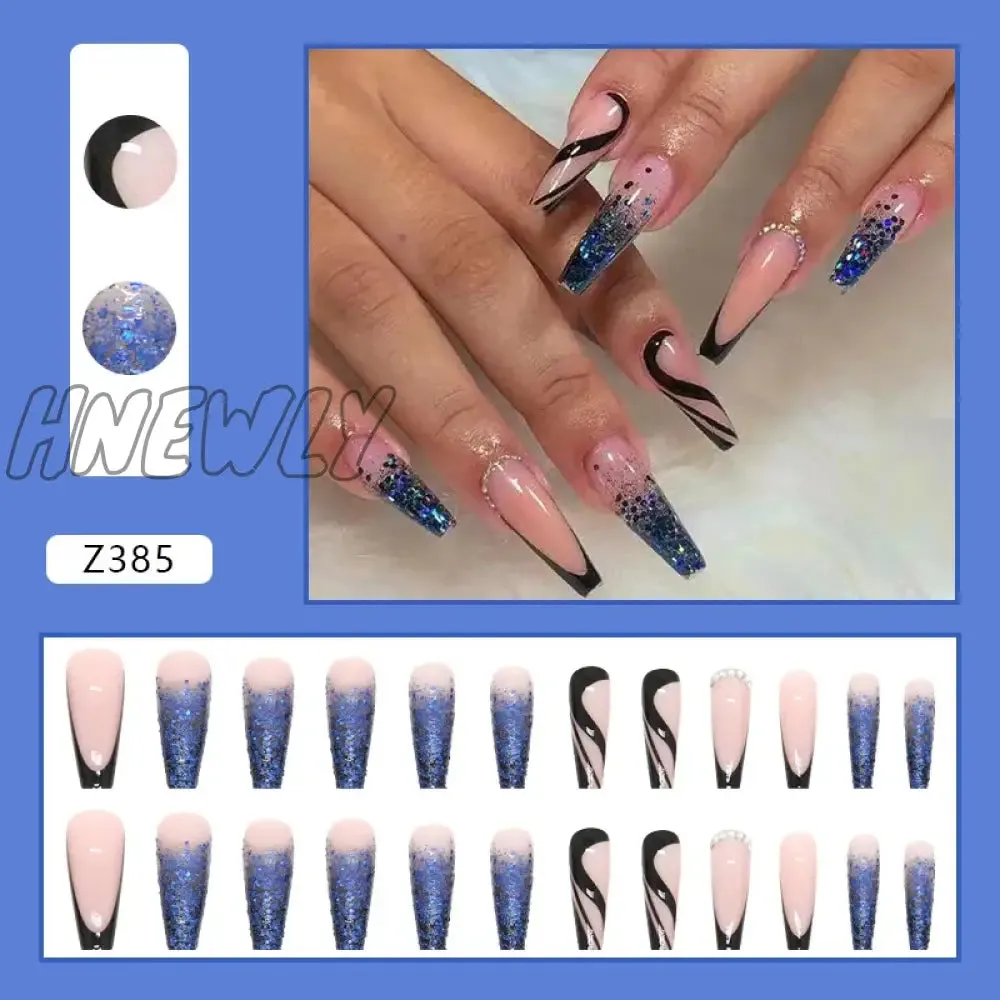 Hnewly 24pcs Long Ballet False Nail Full Cover Fake Nail Grey White Marble Design Nails Tip French Coffin Nails Press On Nails