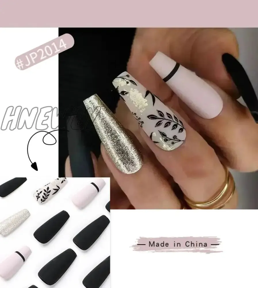Hnewly 24pcs Long Ballet False Nail Full Cover Fake Nail Grey White Marble Design Nails Tip French Coffin Nails Press On Nails