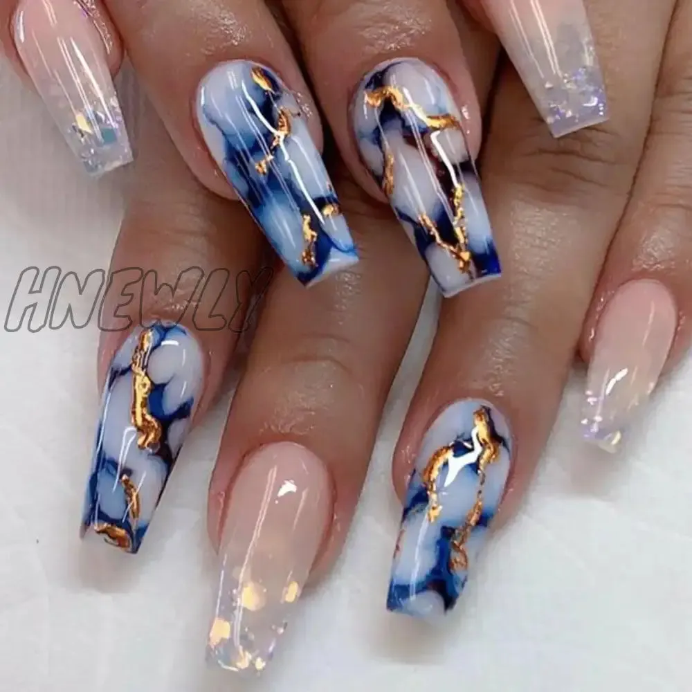 Hnewly 24pcs Long Ballet False Nail Full Cover Fake Nail Grey White Marble Design Nails Tip French Coffin Nails Press On Nails