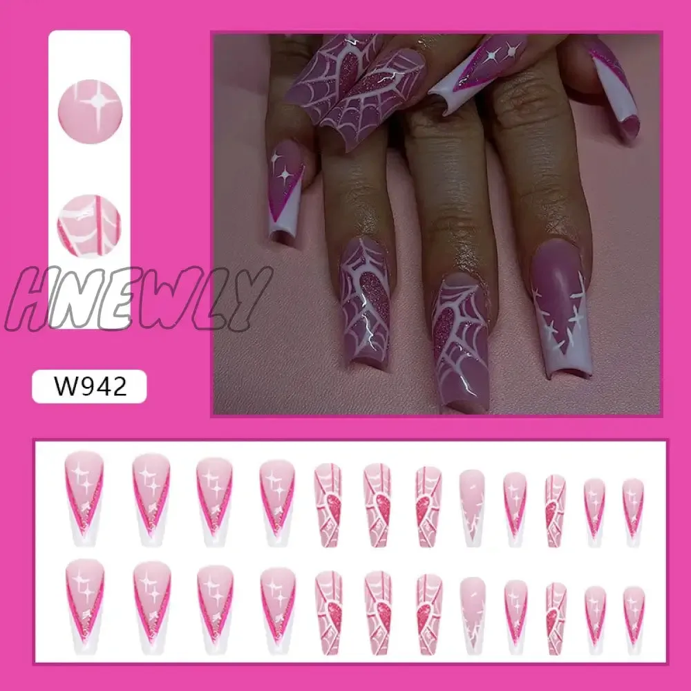 Hnewly 24pcs Long Ballet False Nail Full Cover Fake Nail Grey White Marble Design Nails Tip French Coffin Nails Press On Nails