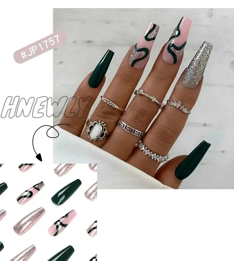 Hnewly 24pcs Long Ballet False Nail Full Cover Fake Nail Grey White Marble Design Nails Tip French Coffin Nails Press On Nails