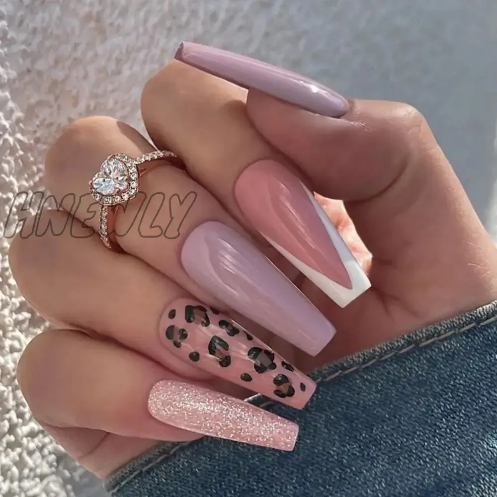 Hnewly 24pcs Long Ballet False Nail Full Cover Fake Nail Grey White Marble Design Nails Tip French Coffin Nails Press On Nails