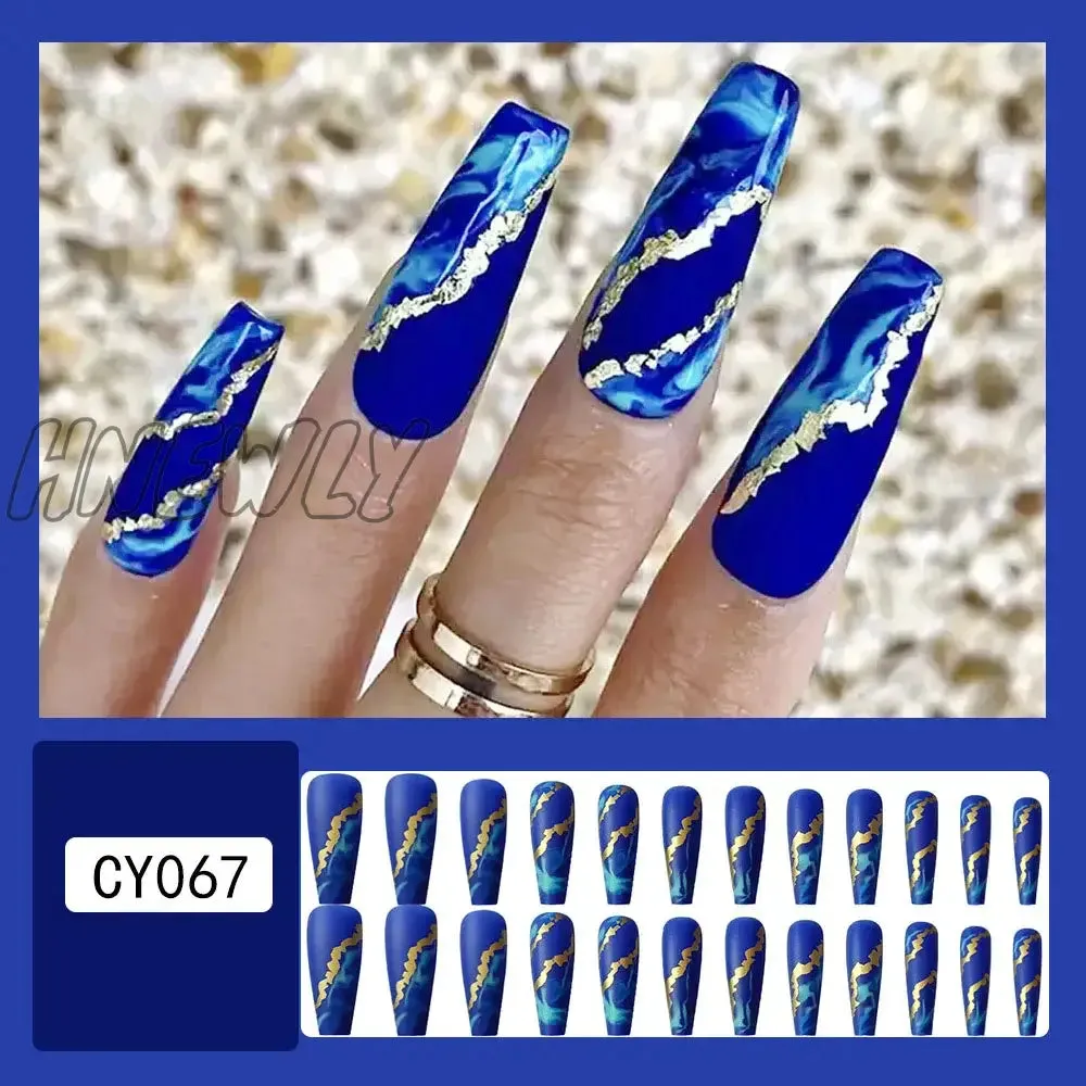 Hnewly 24pcs Long Ballet False Nail Full Cover Fake Nail Grey White Marble Design Nails Tip French Coffin Nails Press On Nails