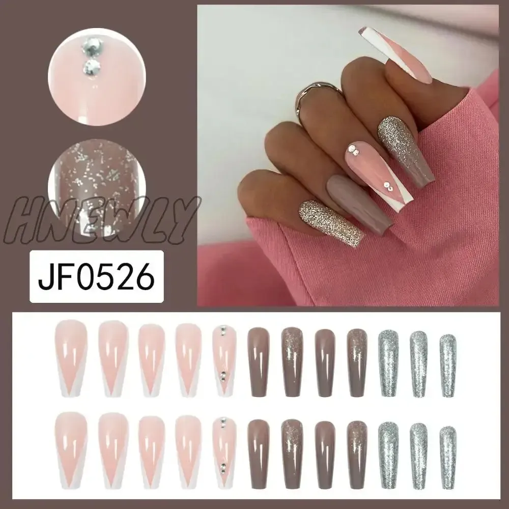 Hnewly 24pcs Long Ballet False Nail Full Cover Fake Nail Grey White Marble Design Nails Tip French Coffin Nails Press On Nails