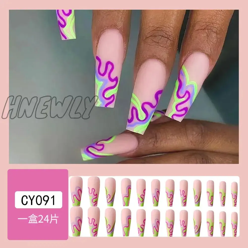 Hnewly 24pcs Long Ballet False Nail Full Cover Fake Nail Grey White Marble Design Nails Tip French Coffin Nails Press On Nails