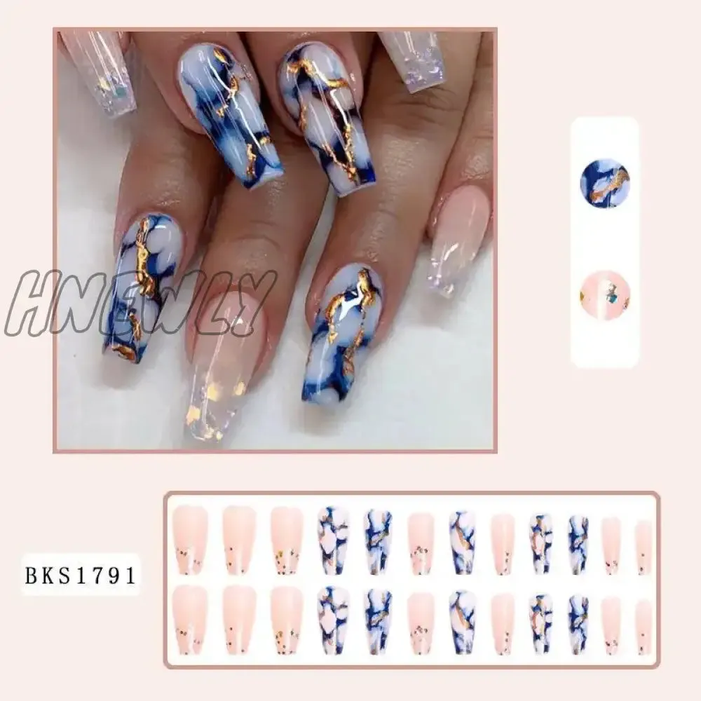 Hnewly 24pcs Long Ballet False Nail Full Cover Fake Nail Grey White Marble Design Nails Tip French Coffin Nails Press On Nails