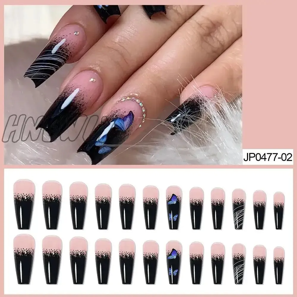 Hnewly 24pcs Long Ballet False Nail Full Cover Fake Nail Grey White Marble Design Nails Tip French Coffin Nails Press On Nails