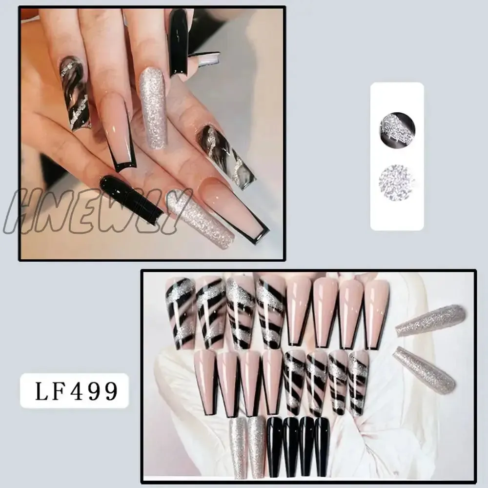 Hnewly 24pcs Long Ballet False Nail Full Cover Fake Nail Grey White Marble Design Nails Tip French Coffin Nails Press On Nails