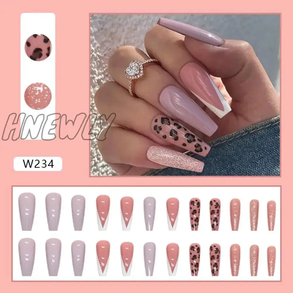 Hnewly 24pcs Long Ballet False Nail Full Cover Fake Nail Grey White Marble Design Nails Tip French Coffin Nails Press On Nails