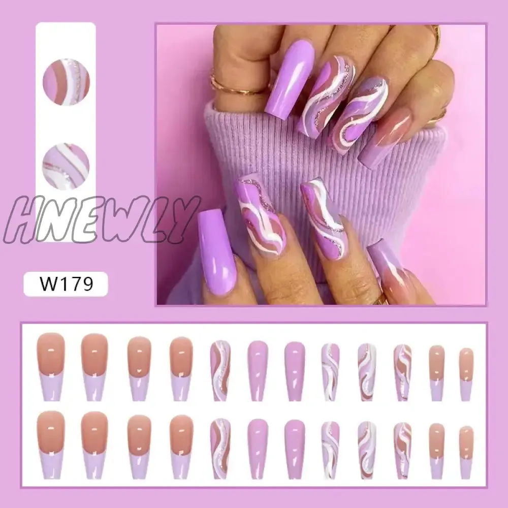 Hnewly 24pcs Long Ballet False Nail Full Cover Fake Nail Grey White Marble Design Nails Tip French Coffin Nails Press On Nails