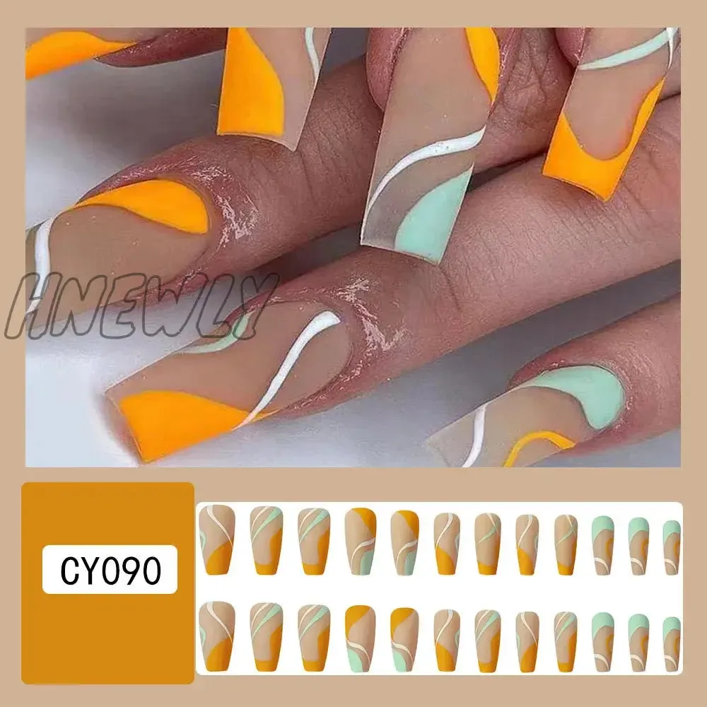 Hnewly 24pcs Long Ballet False Nail Full Cover Fake Nail Grey White Marble Design Nails Tip French Coffin Nails Press On Nails