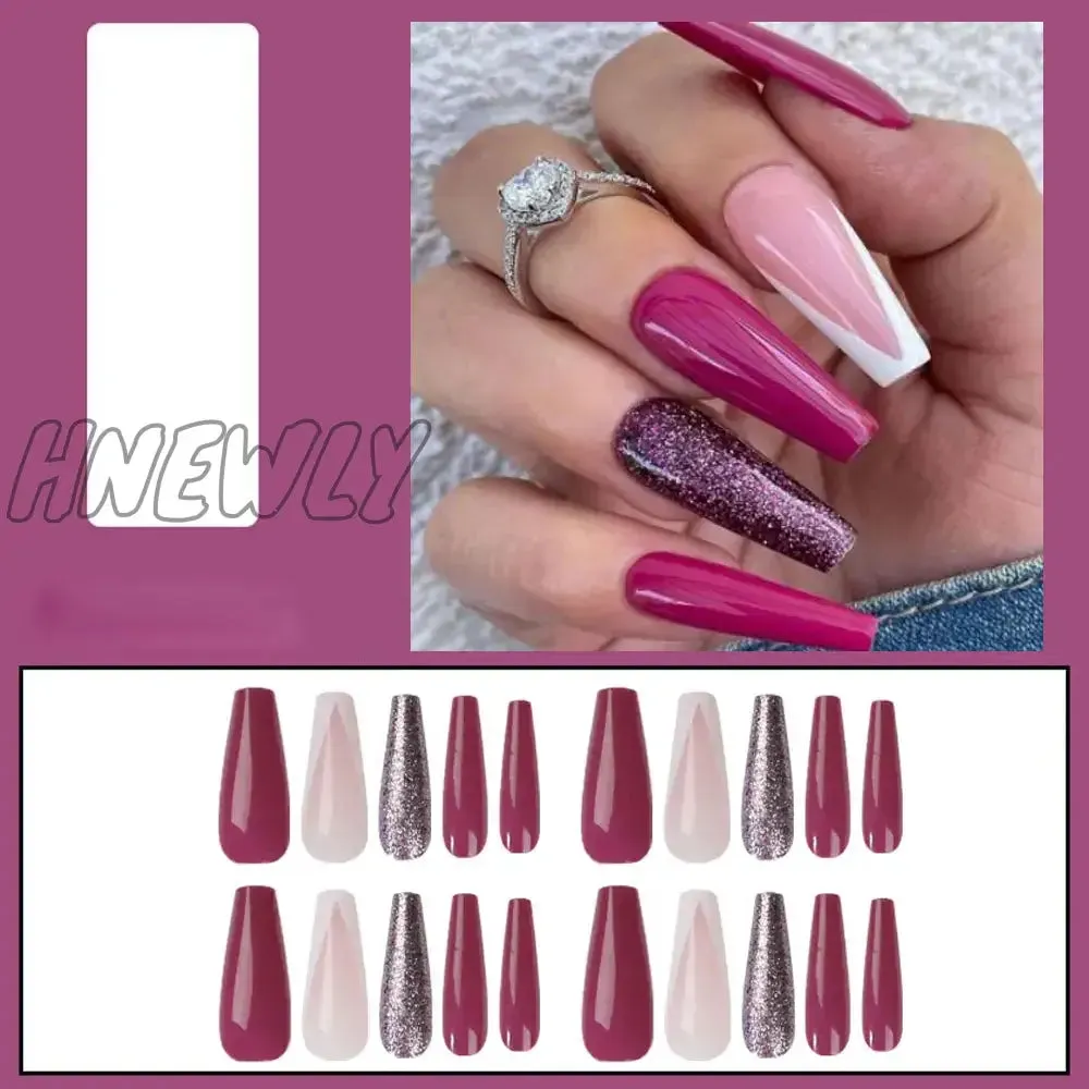 Hnewly 24pcs Long Ballet False Nail Full Cover Fake Nail Grey White Marble Design Nails Tip French Coffin Nails Press On Nails