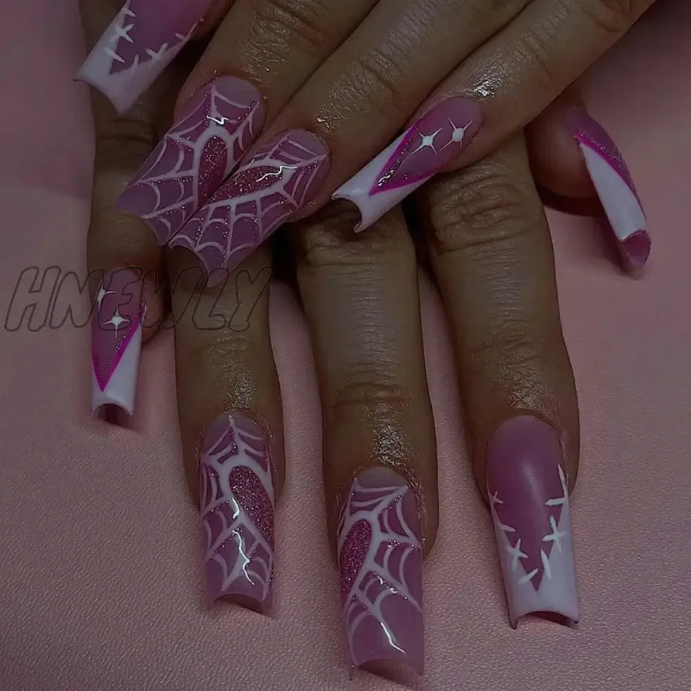 Hnewly 24pcs Long Ballet False Nail Full Cover Fake Nail Grey White Marble Design Nails Tip French Coffin Nails Press On Nails