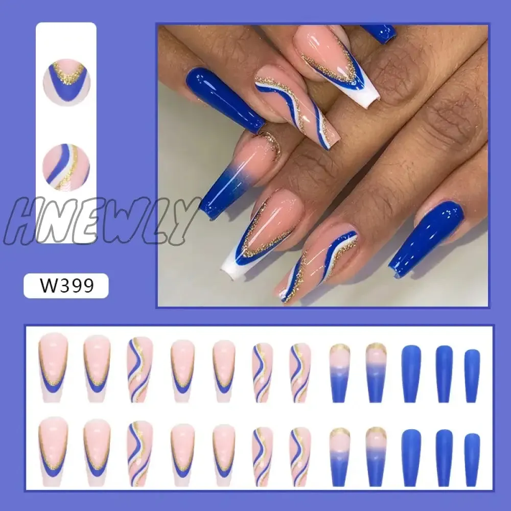 Hnewly 24pcs Long Ballet False Nail Full Cover Fake Nail Grey White Marble Design Nails Tip French Coffin Nails Press On Nails