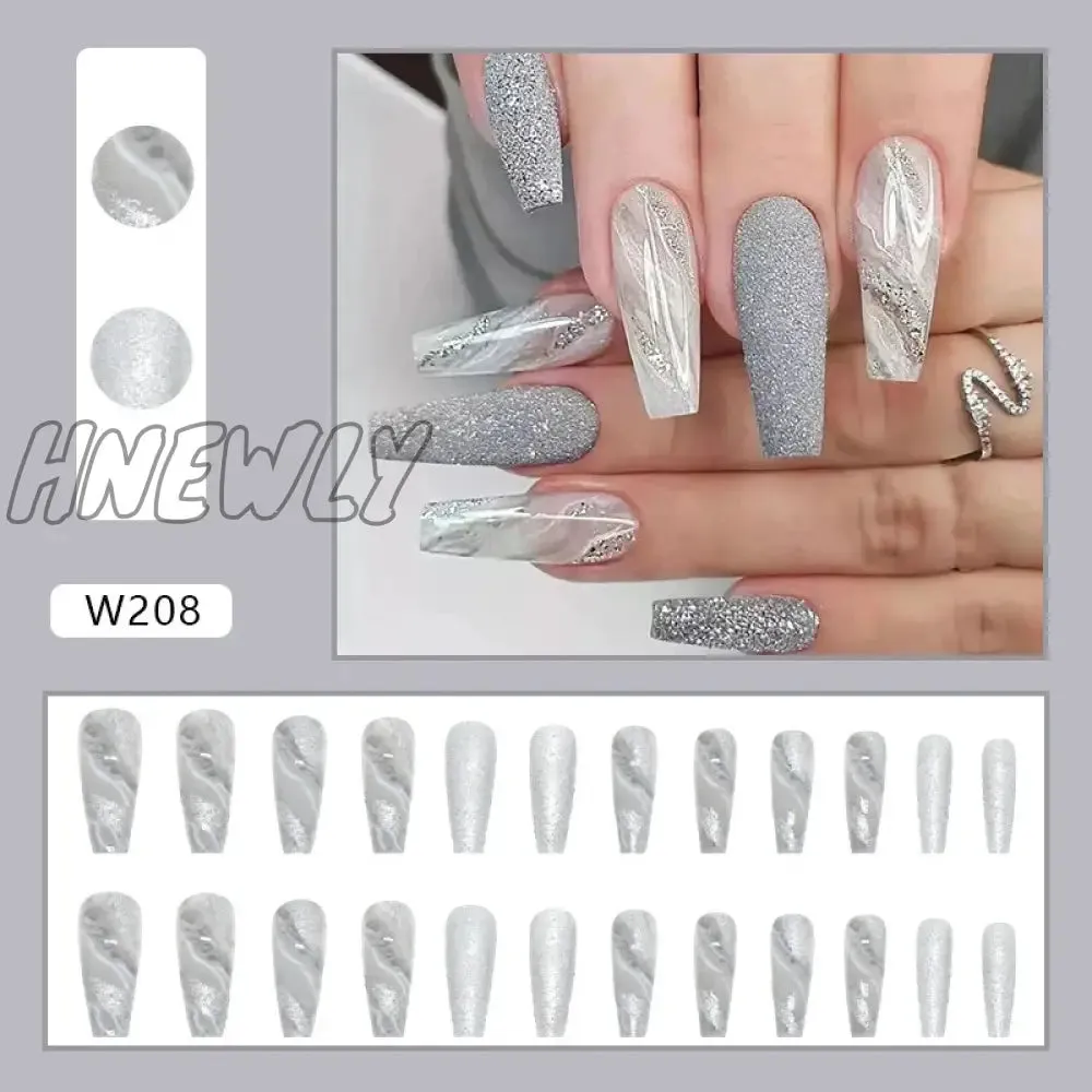 Hnewly 24pcs Long Ballet False Nail Full Cover Fake Nail Grey White Marble Design Nails Tip French Coffin Nails Press On Nails