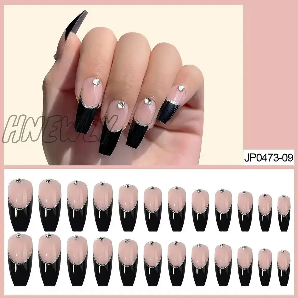 Hnewly 24pcs Long Ballet False Nail Full Cover Fake Nail Grey White Marble Design Nails Tip French Coffin Nails Press On Nails