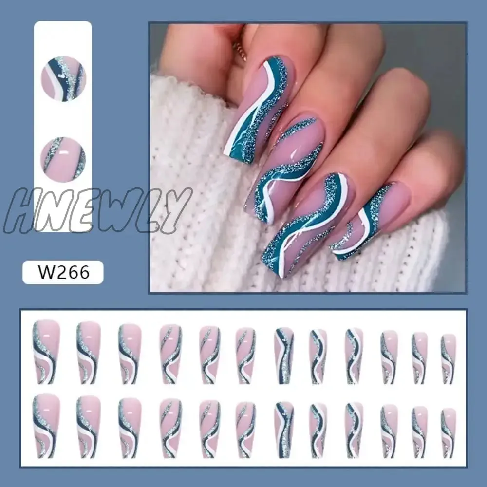 Hnewly 24pcs Long Ballet False Nail Full Cover Fake Nail Grey White Marble Design Nails Tip French Coffin Nails Press On Nails